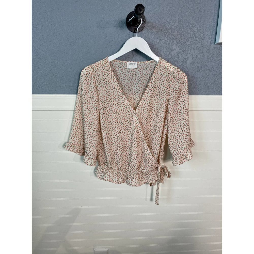 Sienna Sky Cream and Pink Floral Wrap 3/4 Sleeve Blouse Size Small